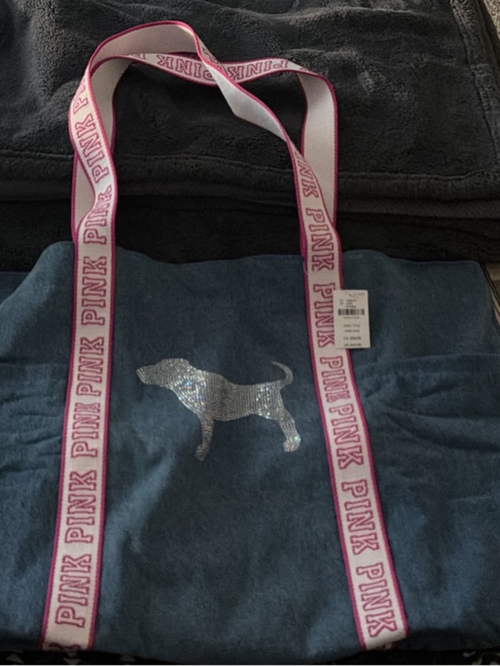 PINK Victoria's Secret Blue Tote with Pink Logo Straps and Sequin Dog